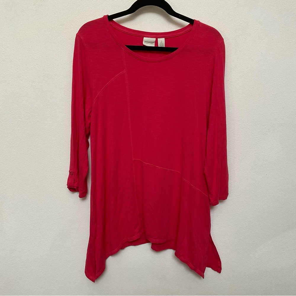Zenergy by Chico's Coral Pink Assymetrical Stitch Flowy Hem Top Size 2 US L/12
